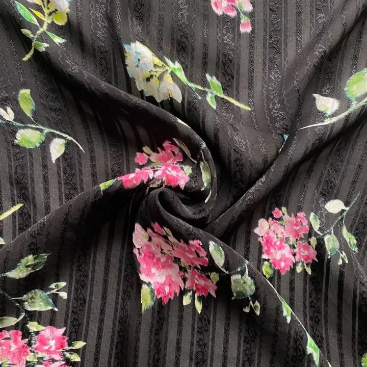 Sort Stribet Jacquard Silke Satin